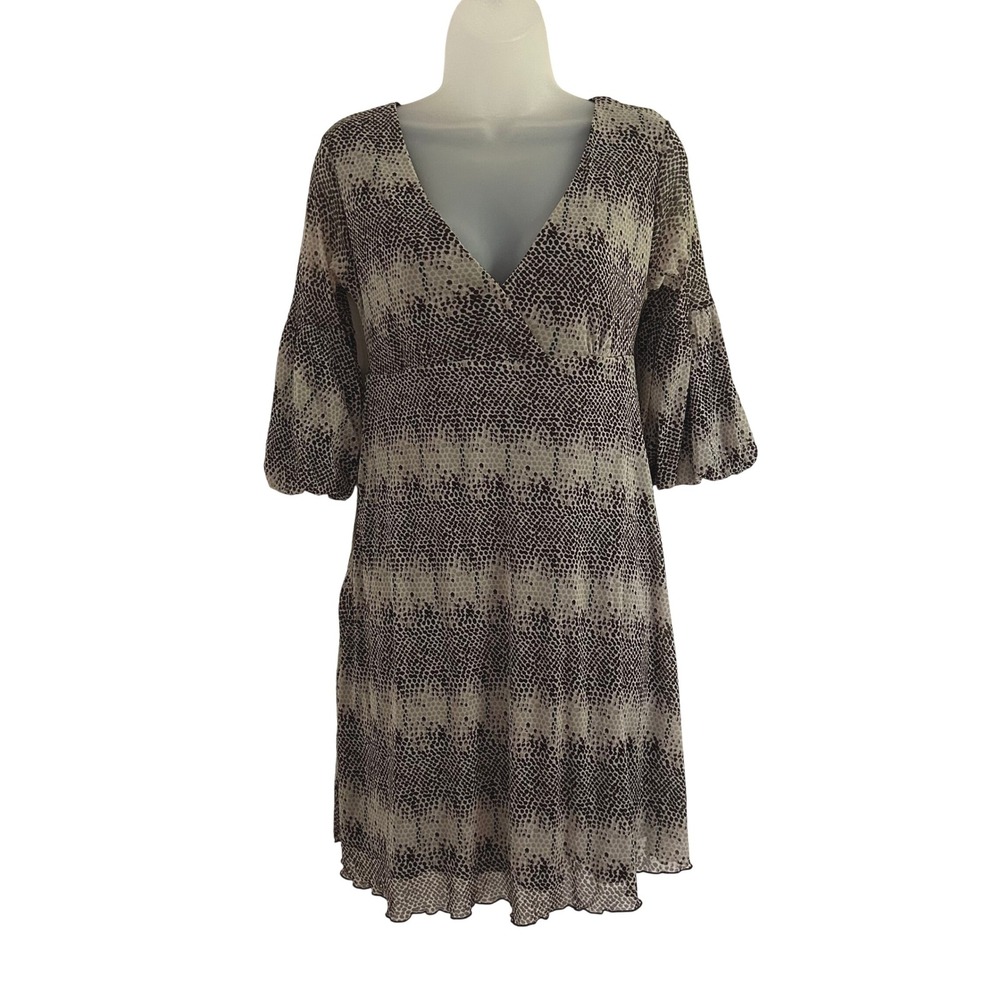 BCBGMAXAZRIA Womens Brown Snakeskin Mesh V-Neck Balloon Sleeve Mini Dress XS - Picture 1 of 8